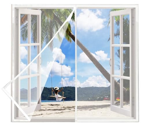 Magnetisches Moskitonetzfenster, 110x190cm Weiß Automatisches Schließen der magnetischen Insektenschutztür mit Vollrahmen-Befestigungsband für Terrassenkorridore