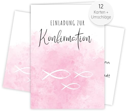 møij 12x Einladungskarten zur Konfirmation Rosa | inkl. passender Umschläge, DIN A6 Klappkarten, stabiler Karton, zum Ausfüllen