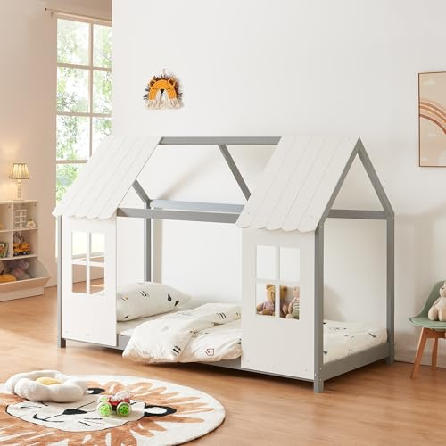 [en.casa] Kinderbett Tostedt Hausbett Jugendbett Bettenhaus Halboffenes Design Montessori Bett aus massiver Kiefer Bettgestell Holz 90x200cm Grau/Weiß