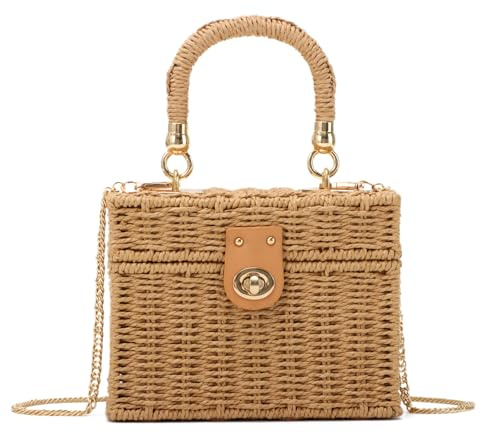 LUI SUI Handwoven Straw Basket Bag for Women Small Rattan Square Tote Wicker Straw Crossbody Bag