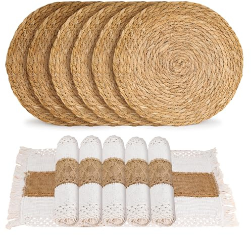AZKEEGREY 12 Pcs Braided Woven Placemats Table Mats Set, Heat Resistant | Washable 6 Pcs Round Wicker Placemats, 6 Pcs Long Place mats, for Family Dinner, Kitchen Table, Home, Outdoor Restaurant