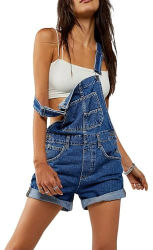 Felcia Women Denim Bib Shorts Overalls Adjustable Strap Suspender Wide Leg Rolled Cuff Jumpsuit Casual Jean Shorts Dungarees with Pockets (Blue A, L)