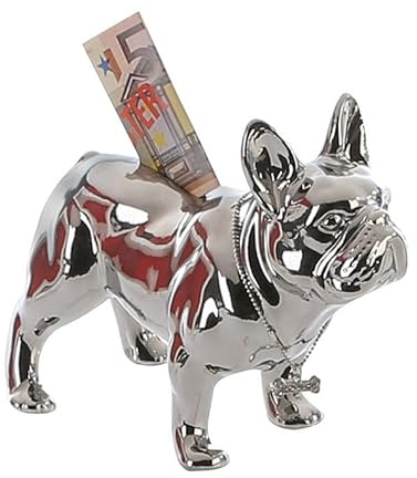 Design Spardose Französische Bulldogge stehend Silber 15cm hoch Keramik Sparbüchse Sparschwein Wohnzimmer Skulpturen Deko Modern