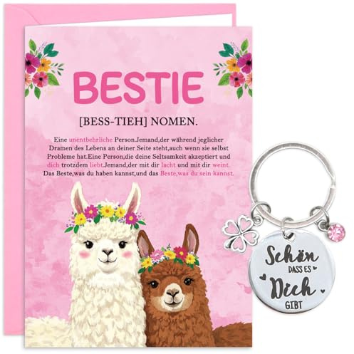 RFBEUTEL Geburtstagskarte für die Beste Freundin Schlüsselanhänger Lama Geschenke Dankeschön Karte mit Umschlag Abschiedsgeschenk Kollegin Glücksbringer