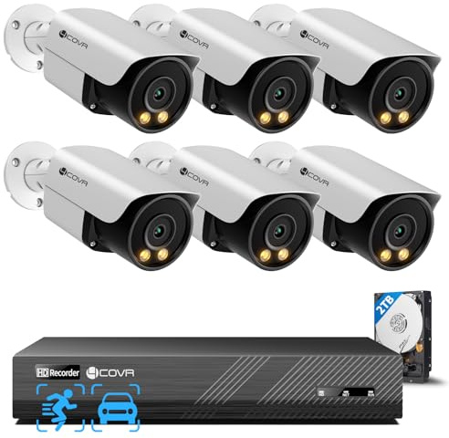 4COVR PoE CCTV Camera Systems 5MP, 8CH NVR 2TB HDD, ELY37YX5M0806 | 6×5MP Security Wired Bullet IP Camera Outdoor IP67 AI Human/Vehicle Detection, 2Way Audio, Color Night Vision, 24/7 Recording