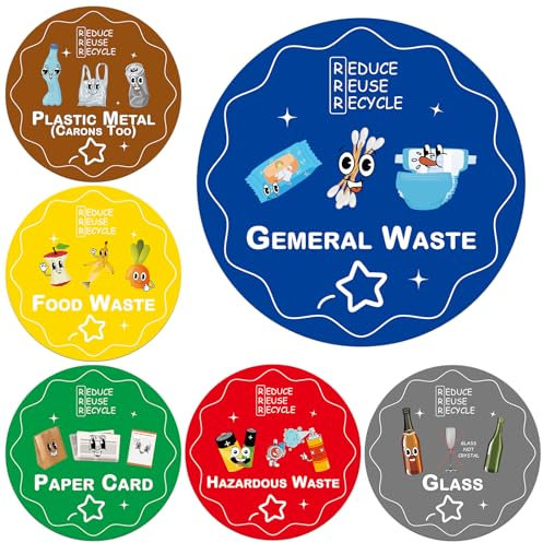 ASUNO Mixed Recycling Bin Stickers 150 mm General Food Waste Paper Card Plastic Metal Glass Vinyl Funny Waterproof Removable Labels Self Adhesive Decals for Home Business 6 Pack