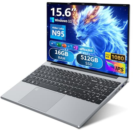 Ordenador Portátil Win 11, 15,6 Pulgadas Portátil 16GB RAM 512GB SSD, Laptop Office 365, Celeron N95 CPU, PC Portátil Teclado Retroiluminado/Desbloqueo Huellas Dactilares, Webcam/BT4.2/USB3.0