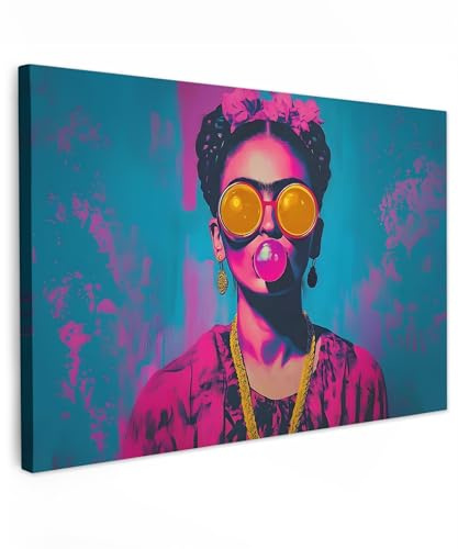 MuchoWow© Wandbilder Groß XXL Schlafzimmer Home Deko Wohnung Bild | 120x80 cm - Wohnzimmer Fotoleinwand Wand Bilder Leinwand Wall Decor Frau - Kaugummi - Sonnenbrille - Orange