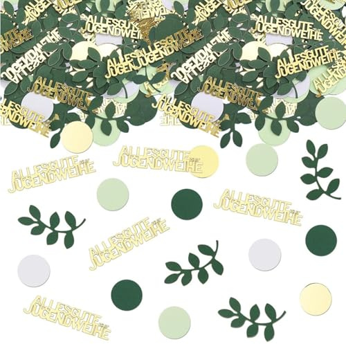 Uxreoib Jugendweihe Decorazione-200 pezzi 2025 Confetti con motivi di foglie e punti-Decorazione sparsa oro verde-Decorazione tavolo festa Jugendweihe per ragazzi e ragazze