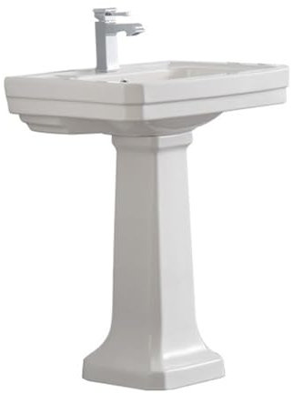 CAFIEDR Lavabo de Pedestal con rebosadero y Grifo, Lavabo de Columna de cerámica Blanca clásica, Lavabo de pie con grifos y Kit de desagüe B(DO)