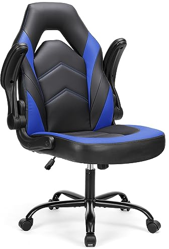 Sweetcrispy Computer Desk Chair, Lumbar Support Video Game Chair PU Leather | PU Leather Flip-up Armrest, Height Adjustable, 360 Swivel for Adults, Black Blue