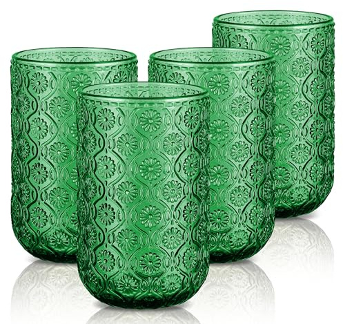 Joeyan Bunte Gläser Spülmaschinenfest, 410ml Dunkelgrün Wassergläser Set 4 Teilig, Vintage Trinkgläser mit Blume Geprägtem Design, Stapelbar longdrinkgläser für Zuhause, Restaurants, Partys, Garten