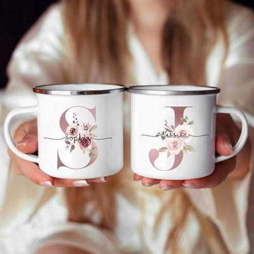 Miguha Taza de camping de esmalte personalizada, taza con nombre inicial floral personalizada, tazas for té, café, chocolate caliente, leche, regalo for el Día de la Madre for ella