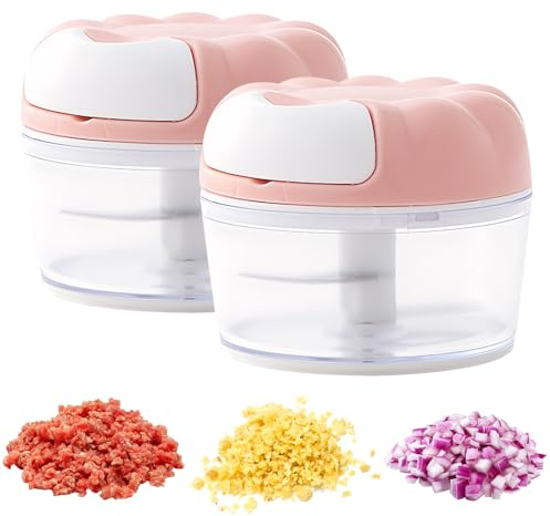 Zwiebel Zerkleinerer 2er-Pack Zwiebelschneider Manuell Onion Chopper Zwiebelschneider mit Seilzug für Ingwer- und Knoblauchgewürze (Rosa)