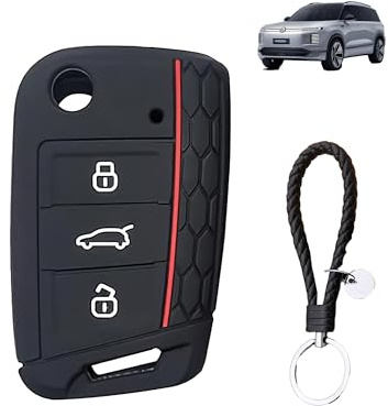 daunke Autoschlüssel Hülle für VW Golf 7 Polo MK6 Touran Tiguan Tarraco T-Roc Seat Leon Cupra Ibiza Skoda Octavia 3 Schlüssel, Weiches Silikon, kratzfest, schützende Fernbedienungsabdeckung, schwarz