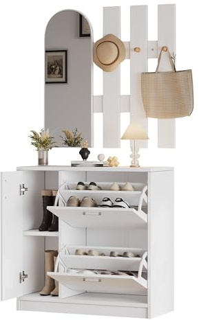 phosir Schuhschrank mit Klapptüren, Flur Garderobe Set mit Spiegel & Haken, Schmaler Schuhschrank 80x35x80 cm, Weißes Schuhregal mit 2 Klapptüren & Schiebetür, Garderobenschrank für Kleine Flure