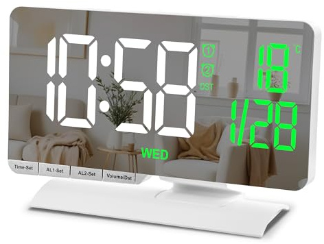 Digitaluhr,Wecker für den Nachttisch,7,3“Großes LED-Spiegeldisplay mit Datumsanzeige,Temperaturanzeige,Dual-Alarm mit 3 Modi,Helligkeitsregelung,USB-C-Ladeanschluss,5 Lautstärkestufen,für Schreibtisch