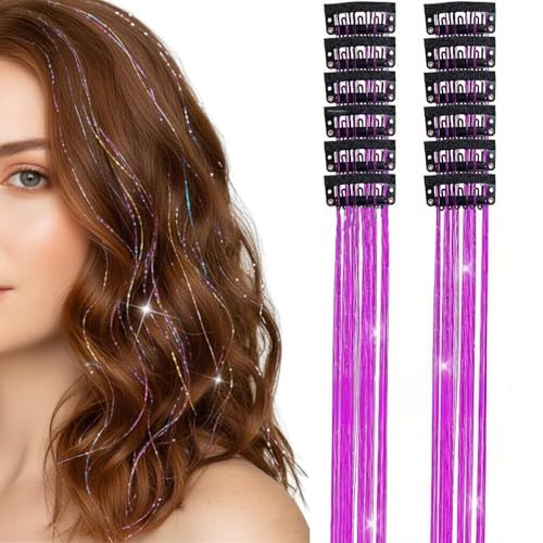 Set di 12 clip per capelli, fascetta per capelli, ciocche di capelli con brillantini, ciocche di tinsel, clip per extension per capelli, fermagli, fermagli per capelli (viola)