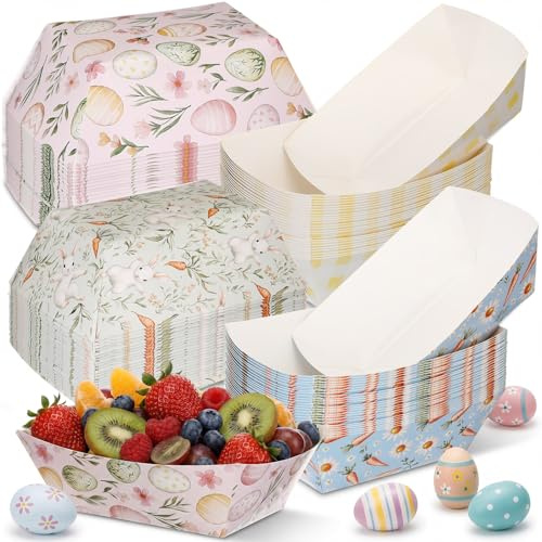 YooNotee 100 Pcs 3lb Easter Paper Food Trays Disposable Paper Food Boat PE Coated Serving Trays Bunny Egg Snack Plates Container for Hot Dogs Taco Desserts Easter Party Decorations Supplies