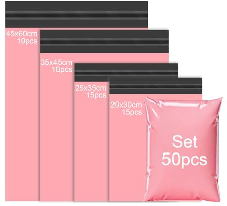 PDKKFF 50 stycken Postpåsar Rosa, Postpåsar i 4 storlekar, Postpåsar för kläder, Förpackningspåsar i plast, Försändelsepåse med självhäftande stängning, ogenomskinliga, vattentäta