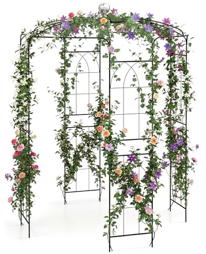 GYMAX Rosenpavillon Metall, 206 x 206 x 286 cm, Gartenlaube mit Haken, Rankhilfe Kletterpflanzen, romantischer Gartenpavillon für die Dekoration von Hochzeitszeremonien