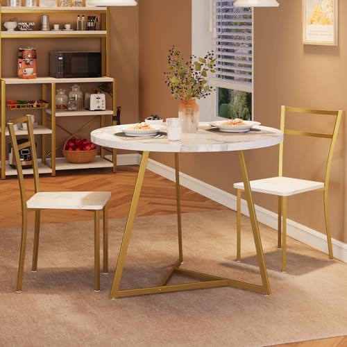 Koioplie Runde Essgruppe Für 2 Personen, 3-Teiliges Set Mit 1 Tisch Und 2 Stühlen, MDF Tischplatte Und Metallgestell, Gold Marble White
