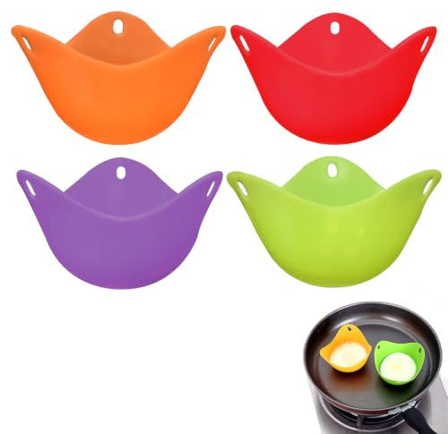 ACKKOR Set di 4 Cuociuova in Silicone, Stampi per Uova in Camicia Riutilizzabili per Friggitrice ad Aria, Microonde e Fornelli, Senza BPA, Antiaderenti, Facili da Pulire (Rosso, Verde, Viola, Fucsia)
