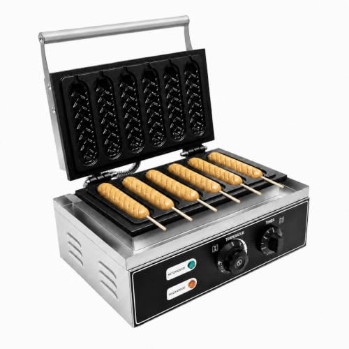 Waffel Am Stiel Waffeleisen, 1500W Edelstahl Elektrische Waffeleisen, Waffelautomat für Corn Dogs 6 Waffeln in 5 Minuten, 50-300°C Einstellbare 38,5 x 27,5 x 22,5 cm für Bäckereien Restaurants Kioske