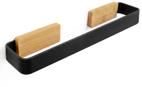 Danhol | Porta Asciugamani Bagno Adesivo Nero Opaco e Legno Bambù 34 cm | Alluminio da 3 mm e bambù naturale
