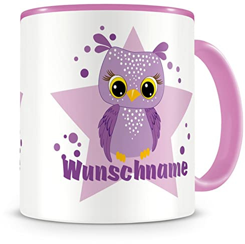 Samunshi® Kindertasse mit Namen Tasse lila Eule Personalisierte Tasse mit Namen Kinder Kinderbecher personalisierter Text Namenstasse Kindergarten rosa 300ml