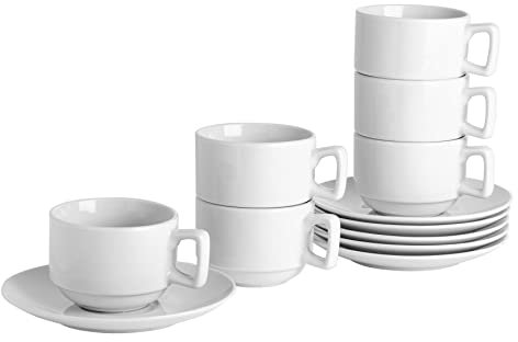 Argon Tableware 48 Piece Cappuccino Cup & Saucer Set - 200ml - Classic Collection - Stacking Tea Cup and Saucer Coffee Cappuccino Mugs Latte Drinking Mug Tea Plates