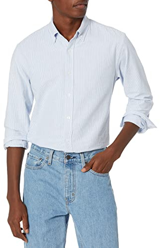 Amazon Essentials Camicia Oxford a Maniche Lunghe dalla vestibilità Standard Uomo, Blu Righe, L