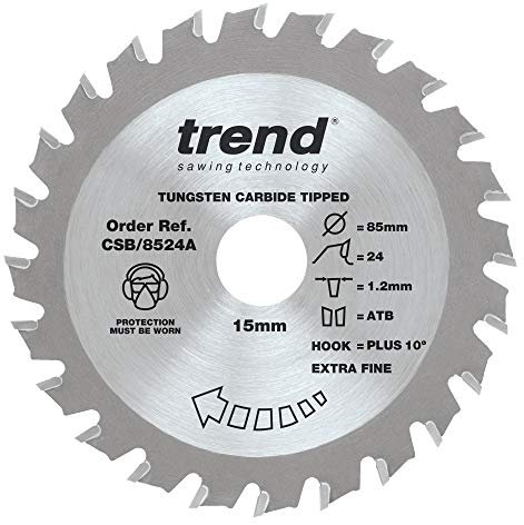 Trend Wood Circular Saw Blade, 85mm Diameter, 15mm Bore, 24 Teeth, 1.2mm Kerf, +14° Hook, TCT, Fine Finish, CSB/8524A