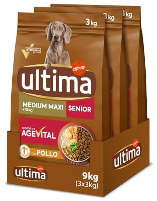Ultima Medium-Maxi Senior Pollo, Comida seca para perros, Pack de 3 x 3kg, Total 9kg
