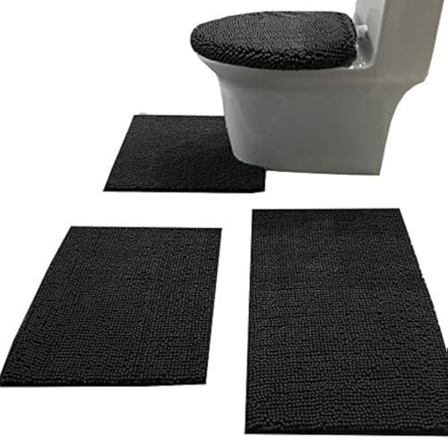 Madeals Chenille Badteppich-Set 4-teilig mit WC-Deckelbezug und Teppich-Set Combo, Soft Shaggy Badteppich-Set 3-teilig und U-förmiger WC-Bodenteppich schwarz