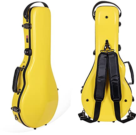 Crossrock Fiberglass Mandolin Case-Fits Both A & F Styles Straps, Accessory Compartment, Fixed & Removable Padding-Includes TSA Lock-Yellow