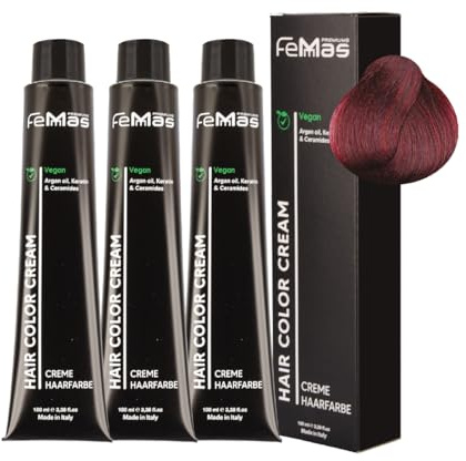 FemMas Tinte para el cabello 3 x marrón claro rojo violeta 5.62 I crema tinte para el cabello con aceite de argán, queratina y ceramidas, coloración permanente del cabello o tinte para resultados de