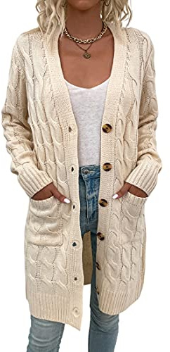 Acramy Damkappa höst vinter kofta lång grovstickad kofta stickad kappa med knappar, Beige, L