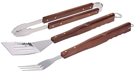 BARGAIN4ALL BBQ Grill Tools Set – 3 Pcs Non-slip Wood Grip Stainless-Steel Utensils – Backyard Camping, Cooking – Barbecue Accessories – Spatula, Tongs and Fork (Brown)