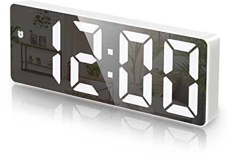 Criacr Digitaler Wecker, Spiegel mit LED-Display, elektronischer Wecker mit Snooze-Funktion, Wecker für Temperatur und Datum, Stromversorgung über USB/Akku, weißes Gehäuse und weiße Ziffern