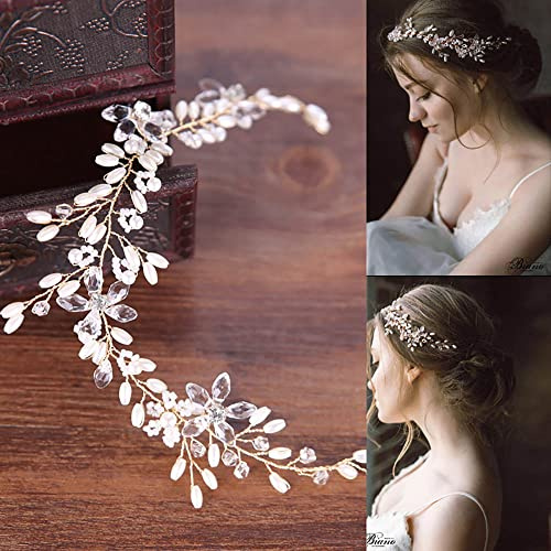 SINLOV Braut Perle Braut Haarschrauben Blume Kopfstück Hochzeit Haar Zubehör Stirnband für Frauen (Gold)