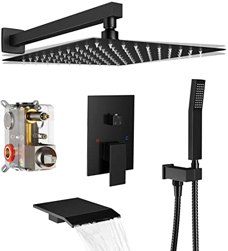Rain Shower System 12 inch Shower Faucet Set with Tub Spout,Bathroom Wall Mounted Waterfall Shower Head Faucet Sets Complete with Handheld Spray,Rough-in Valve Body and Trim kit,Matte Black