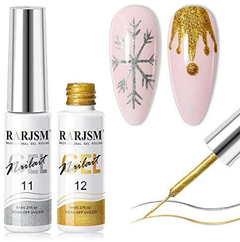 RARJSM Nail Art Liner Gel Polish Glitter Silver and Gold 2PCS Set Soak off Curing Requires 8ml Build in Thin Brush for Home Salon Diy Nail Decoration