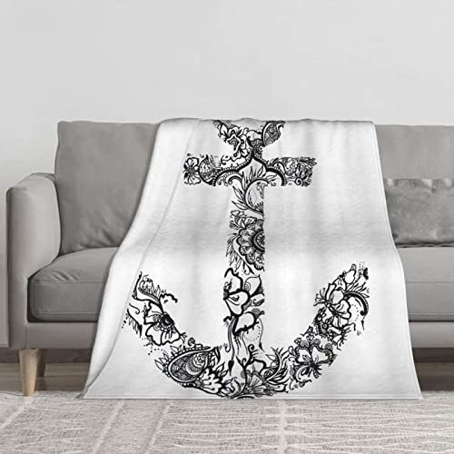 YINGD Coperte in flanella per letto, a forma di ancora, floreale, ornamentale, silhouette, vacanze, vecchi tempi, felicità, plaid e bianco, 200 cm x 150 cm