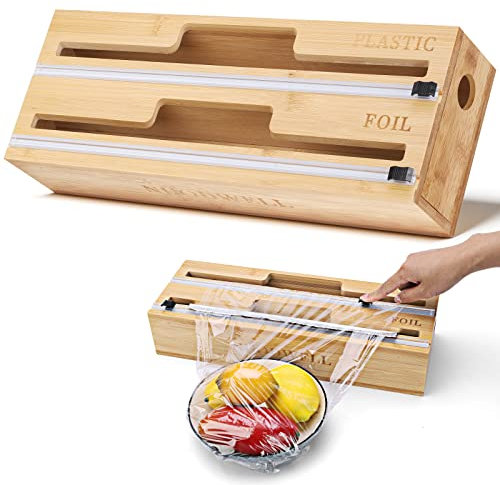 Upgraded Bamboo Cling Film Dispenser with Slide Cutter, Compatible with 35cm Wide Rolls, 2 in 1 Plastic Wrap and Aluminum Foil Dispenser for Kitchen Drawer/Wall Mount（Natural Bamboo 2-Slot）