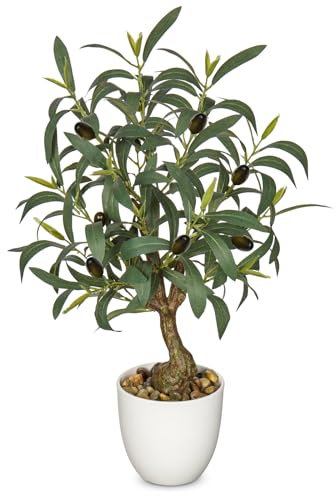Hollyone Planta de Olivo Artificial Realista en Maceta de 45 cm, Planta Artificial Decorativa de Vegetación Sintética en Maceta Blanca para Decoración del Hogar, Baño, Sala de Estar