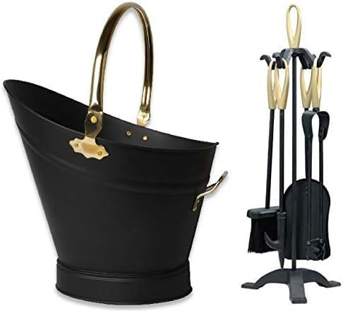 Easy Shopping® Black & Brass Waterloo Bucket with Black & Brass 5 Piece Companion Set Cast Iron Tools Fireplace Waterloo Coal Bucket and Companion Set