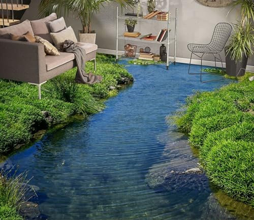 Benutzerdefinierte Boden Wasserdichte Stereo-Aufkleber 3D-Fluss mit grünem Gras, 300 x 210 cm 3D-Bodenfliesen Aufkleber Bodenbelag Tapete Wandbild PVC Wasserdicht selbstklebende Tapete Wohnkultur