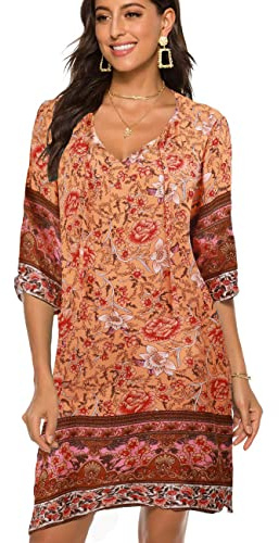BDTECAOR Damen Sommer Krawatte Geraffte Ärmel Blumen Boho Kleid Sonnekleider Gelb L