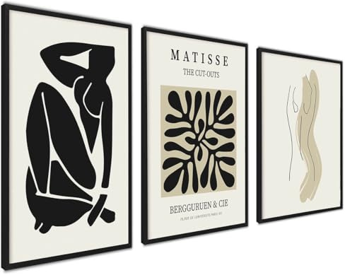 ag.art deco Paquete de 3 Láminas Decorativas 40x50cm Marco Negro | Conjunto Matisse Negro, Decoración Mural, Madera MDF Resistente, para Salón y Dormitorio, Diseño Moderno, Cristal Protector